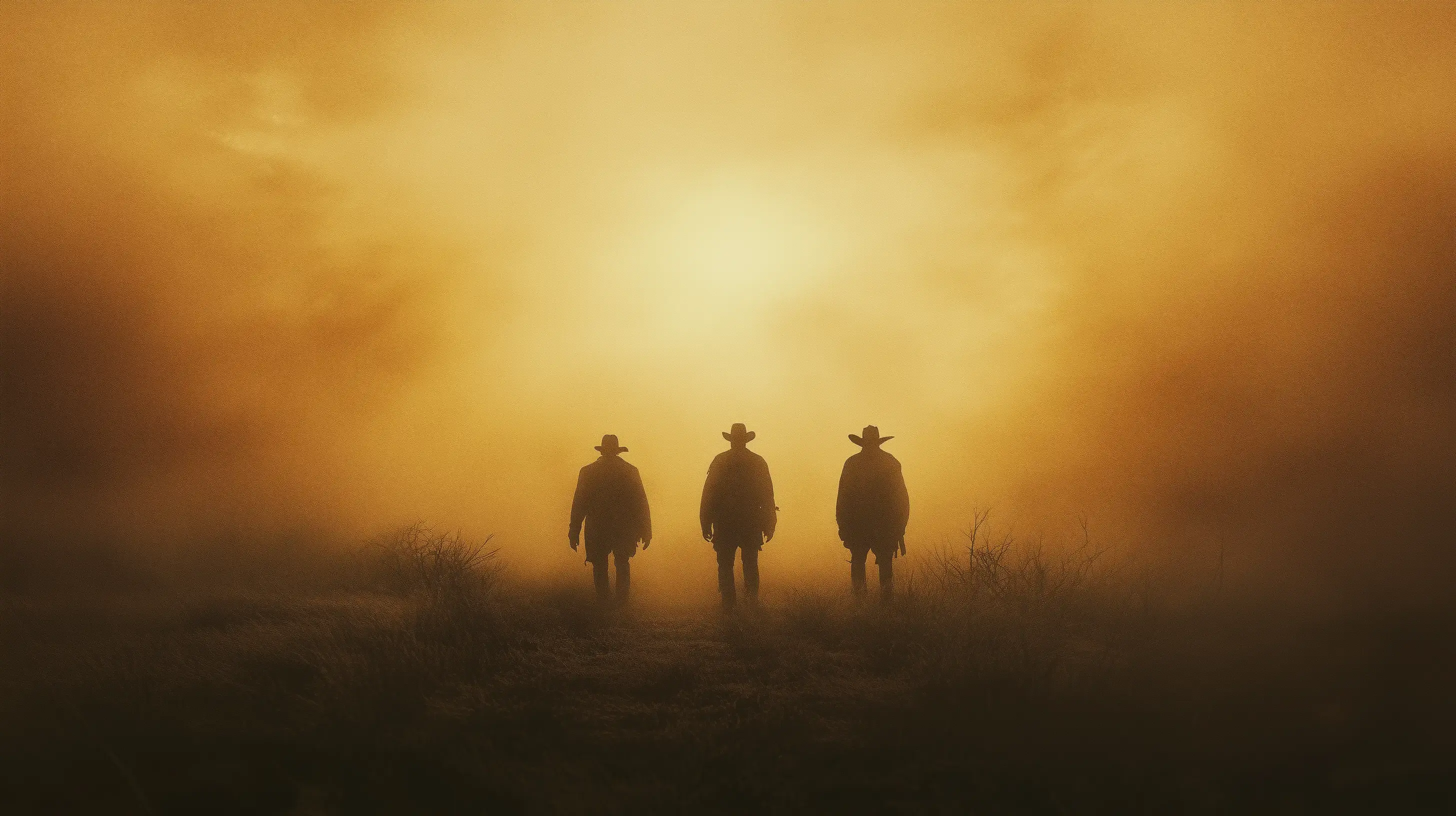 Image of three men walking away in a hazy orange fog