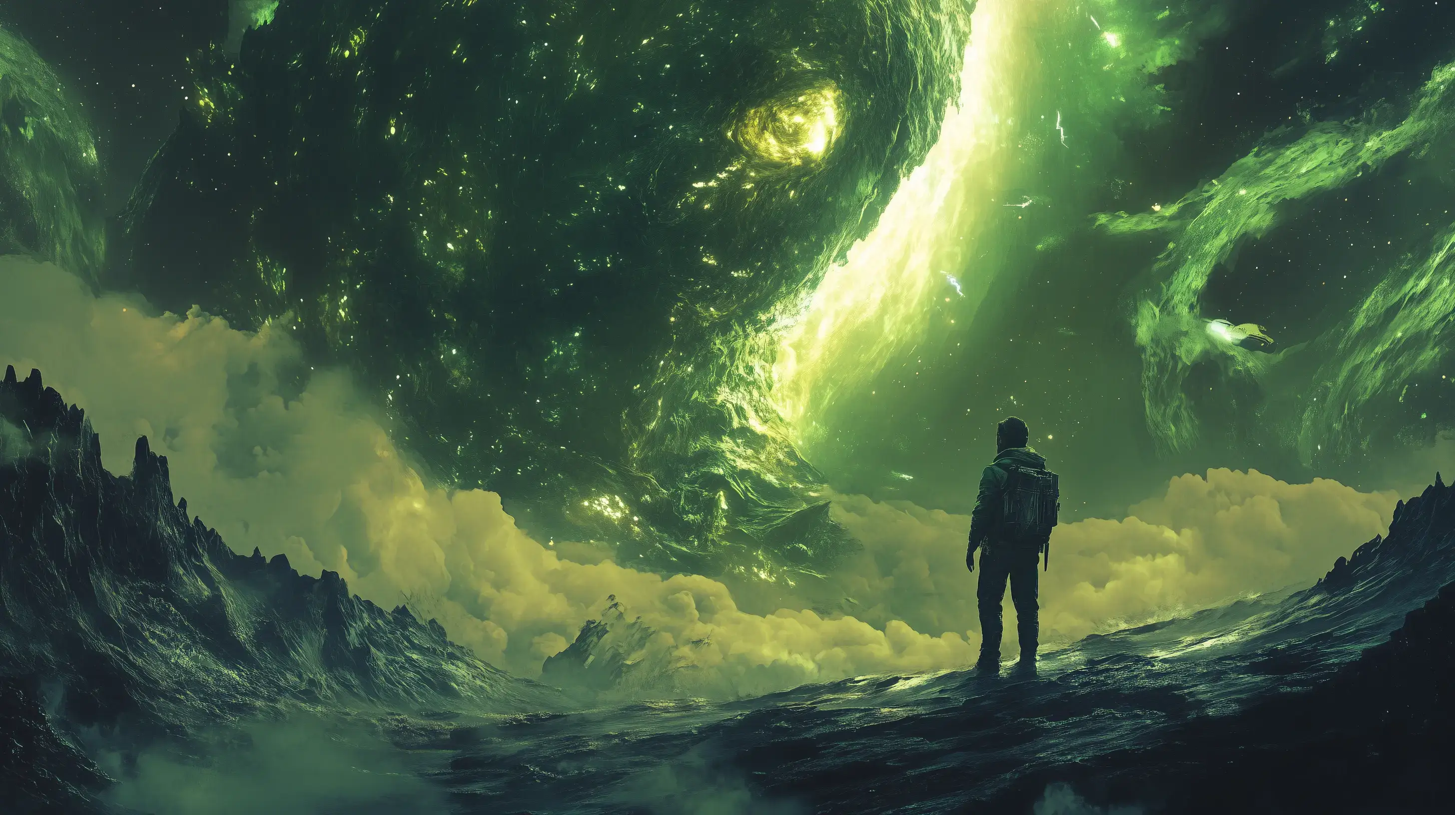 Science fiction cover art of a man staring at a green galaxy floating above